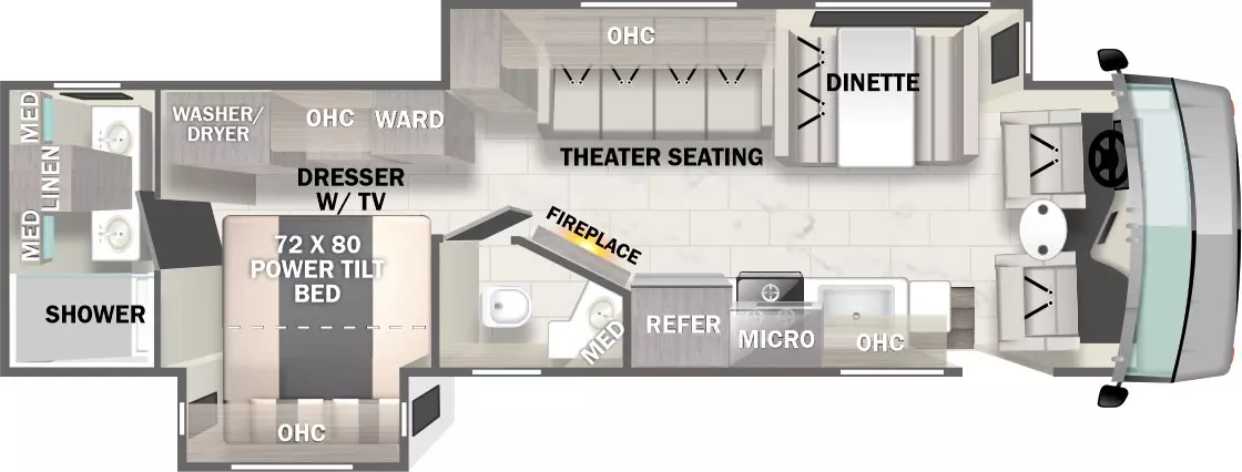 The Georgetown 7 Series GT7 36D7 - DSO floorplan has one entry and two slide outs. Exterior features include: 20' awning. Interiors features include: rear bathroom, bathroom and a half and dinette.